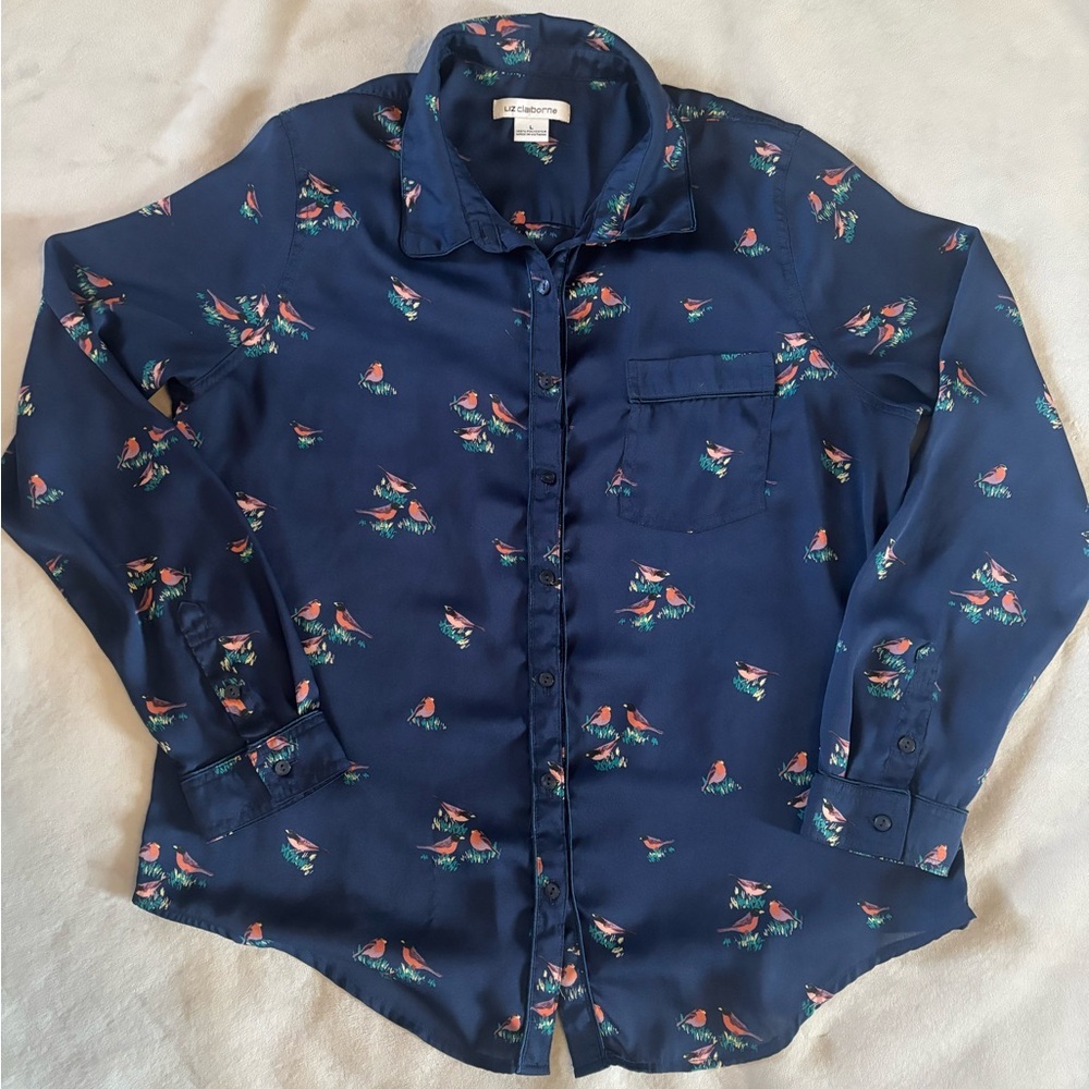 Liz Claiborne Bird Print Blouse Navy Semi Sheer Button Front Top L Naturecore